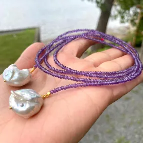 Single Strand of Amethyst & two Baroque Pearls Lariat Necklace, February Birthstone, 42.5in