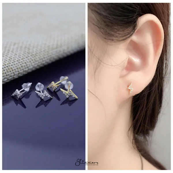 Solid 925 Sterling Silver CZ Lightning Stud Earrings