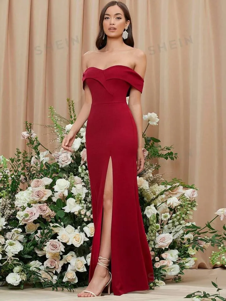 Solid off shoulder split thigh dress in burgundy