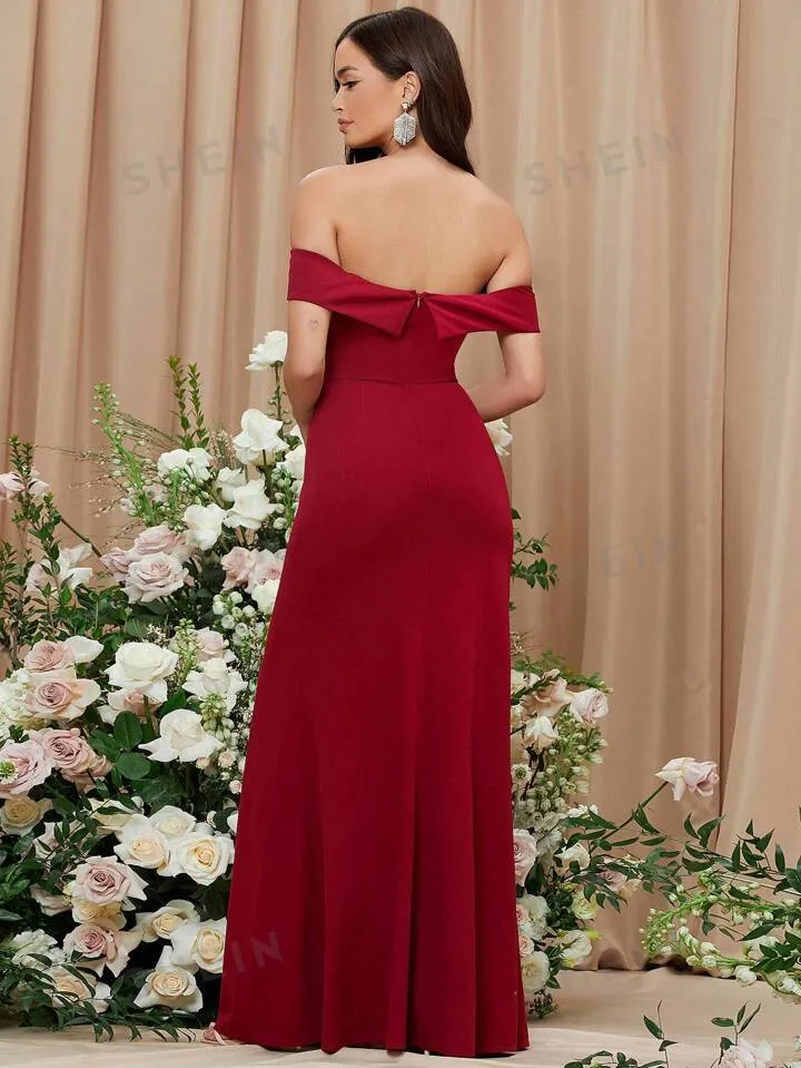 Solid off shoulder split thigh dress in burgundy