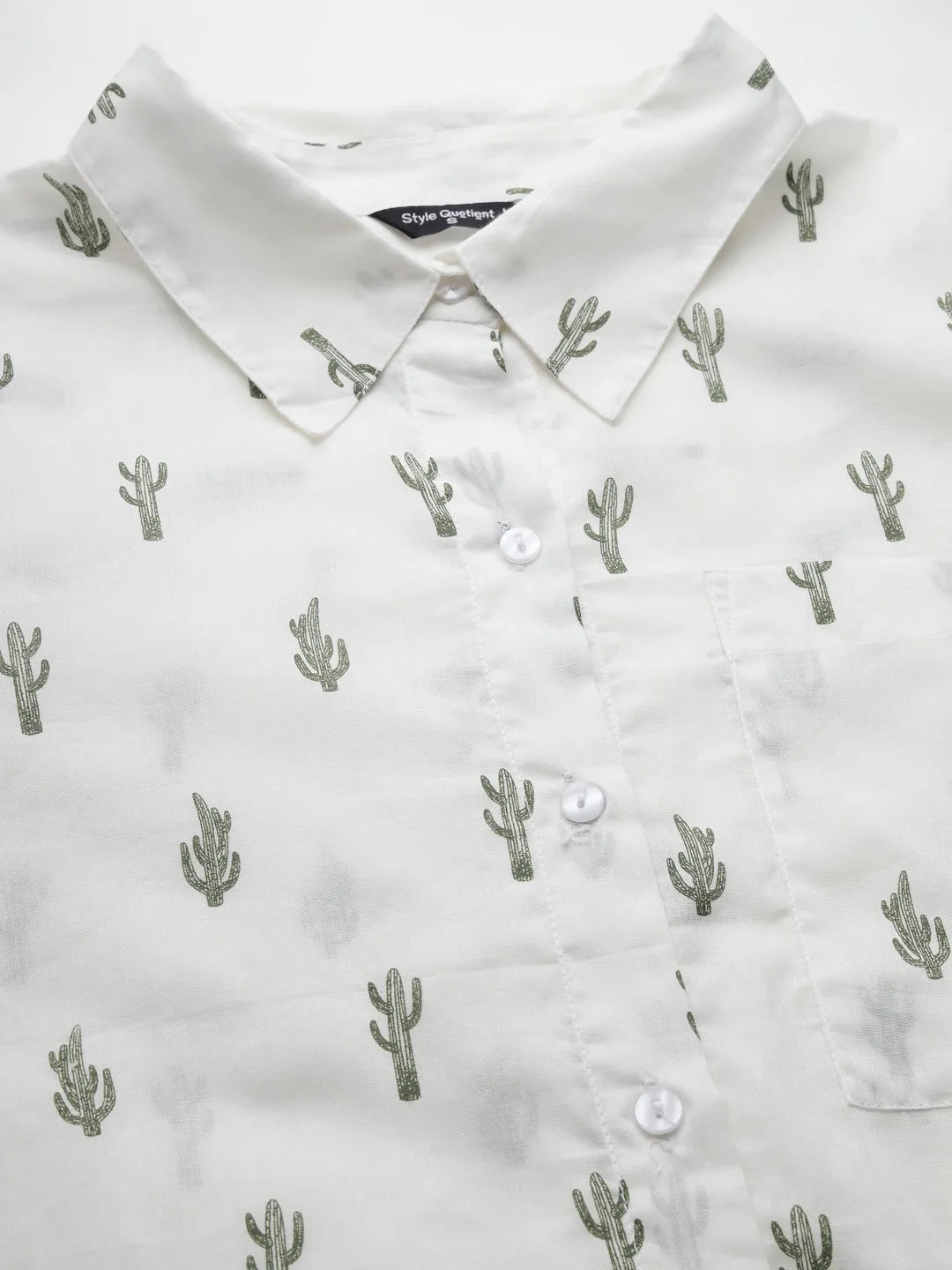 Style Quotient White and Green Cactus Printed Cotton Boxy Fit Smart Casual Shirt