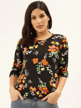 Style Quotient Women Black And Multi Floral Printed Polyester Smart Casual Top