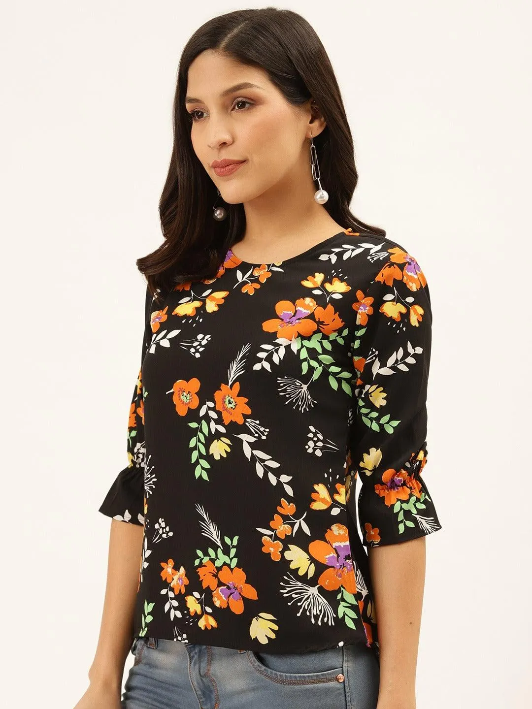 Style Quotient Women Black And Multi Floral Printed Polyester Smart Casual Top