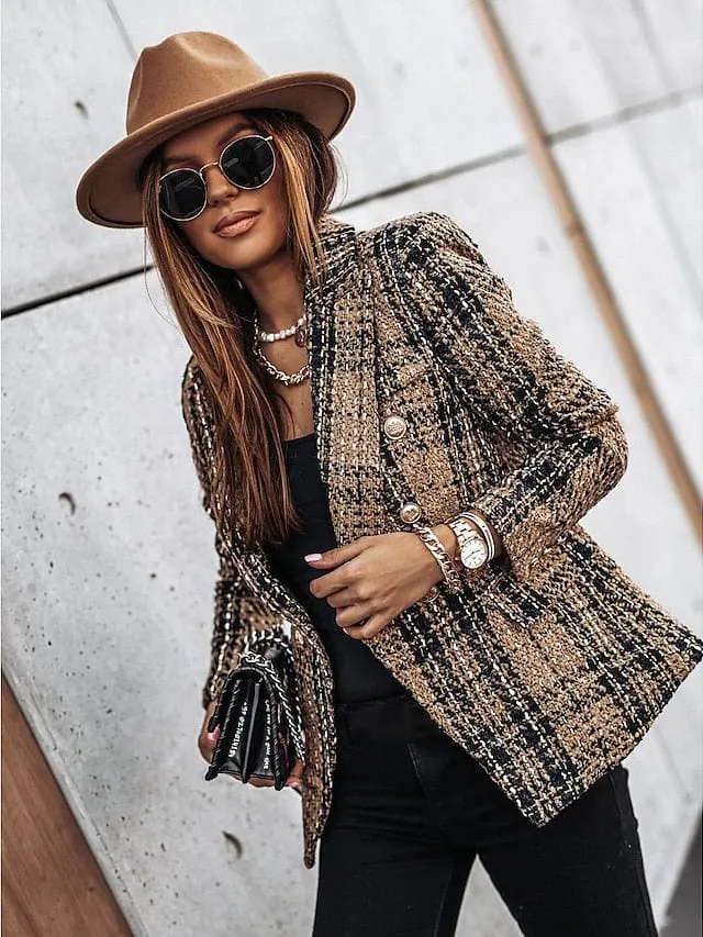 Stylish Women's Red Brown Tweed Plaid Blazer Jacket for Versatile Office Wear