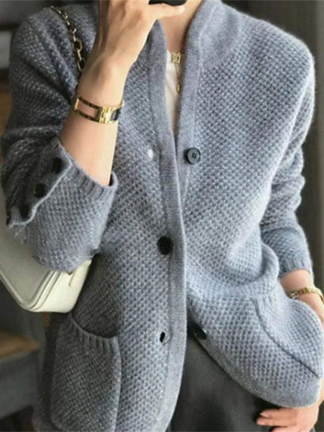 Stylish Women's Waffle Knit Cardigan Sweater with Stand Collar and Button Pocket