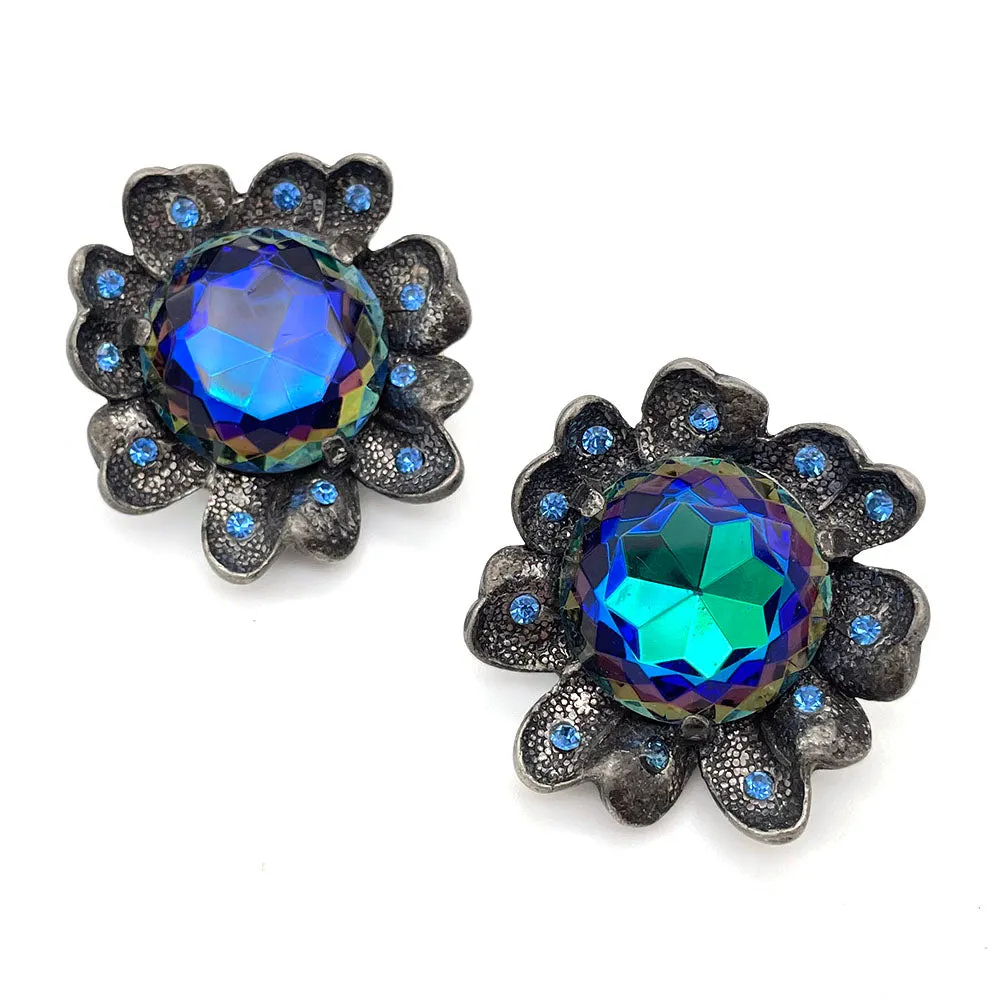 【USA輸入】ヴィンテージ JUDY LEE ブルー オーロラ フラワー イヤリング/Vintage JUDY LEE Blue Aurora Flower Clip On Earrings