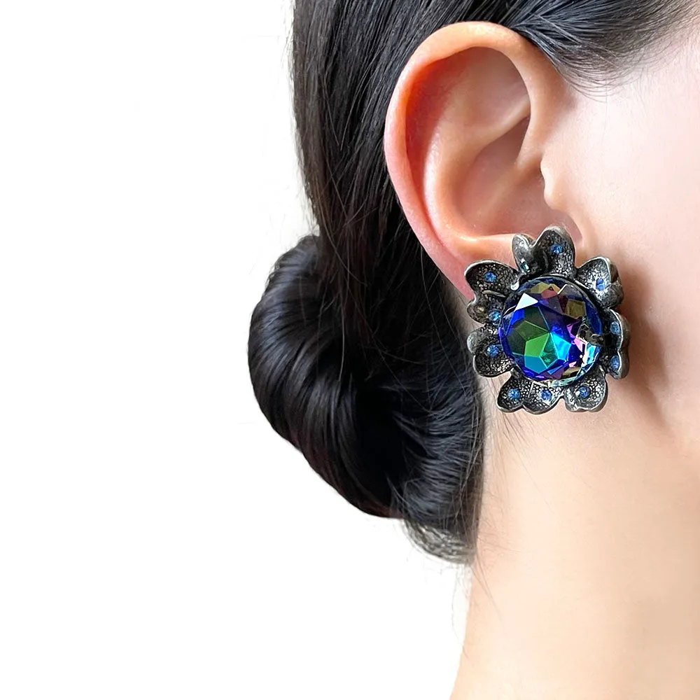 【USA輸入】ヴィンテージ JUDY LEE ブルー オーロラ フラワー イヤリング/Vintage JUDY LEE Blue Aurora Flower Clip On Earrings