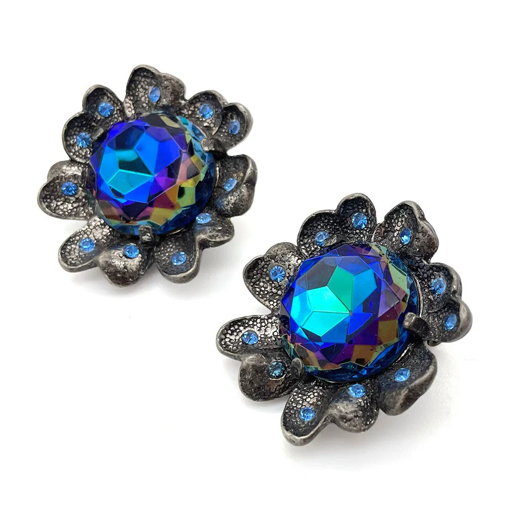 【USA輸入】ヴィンテージ JUDY LEE ブルー オーロラ フラワー イヤリング/Vintage JUDY LEE Blue Aurora Flower Clip On Earrings