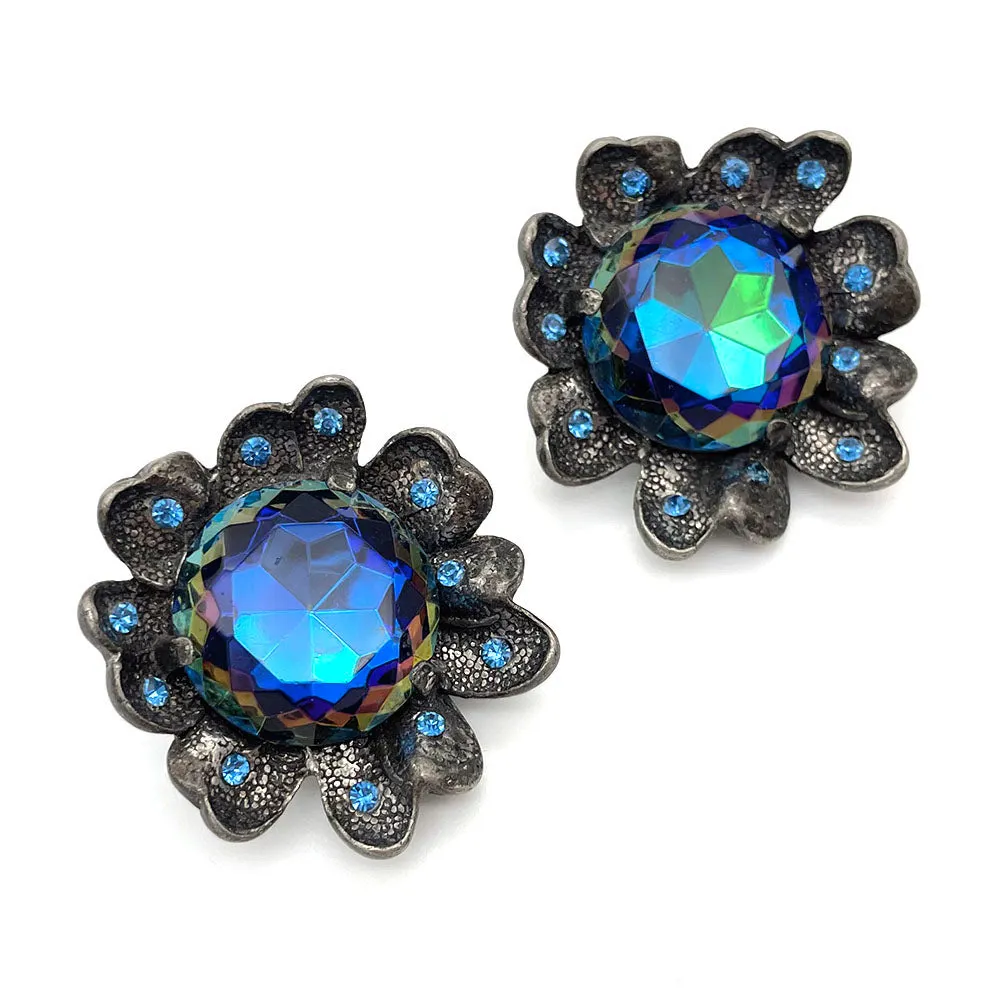 【USA輸入】ヴィンテージ JUDY LEE ブルー オーロラ フラワー イヤリング/Vintage JUDY LEE Blue Aurora Flower Clip On Earrings