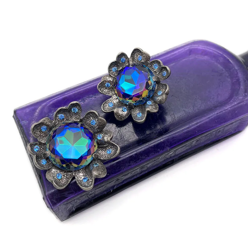 【USA輸入】ヴィンテージ JUDY LEE ブルー オーロラ フラワー イヤリング/Vintage JUDY LEE Blue Aurora Flower Clip On Earrings