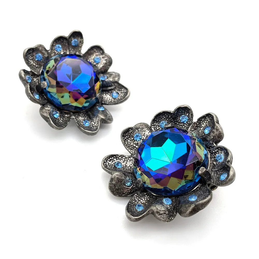 【USA輸入】ヴィンテージ JUDY LEE ブルー オーロラ フラワー イヤリング/Vintage JUDY LEE Blue Aurora Flower Clip On Earrings