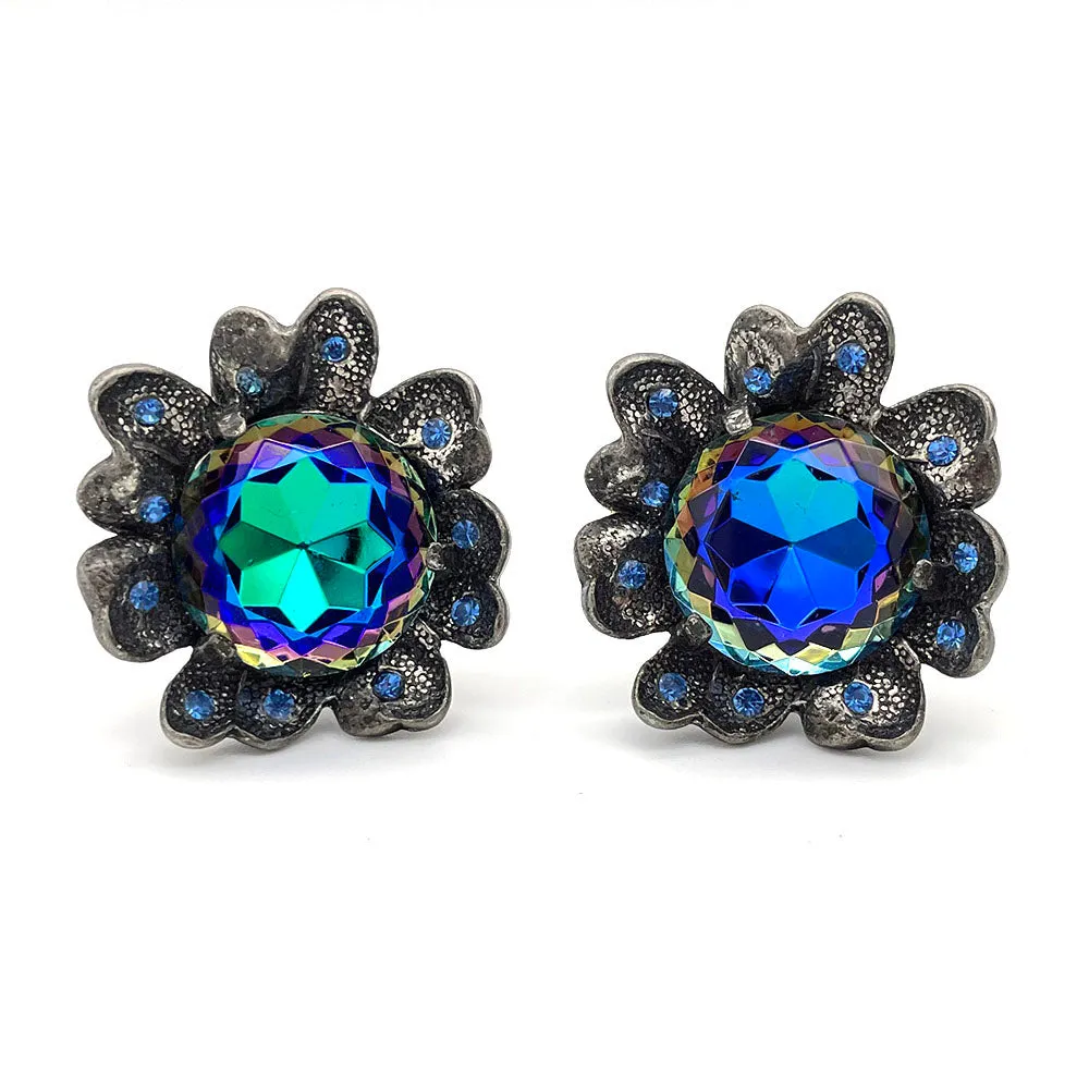 【USA輸入】ヴィンテージ JUDY LEE ブルー オーロラ フラワー イヤリング/Vintage JUDY LEE Blue Aurora Flower Clip On Earrings