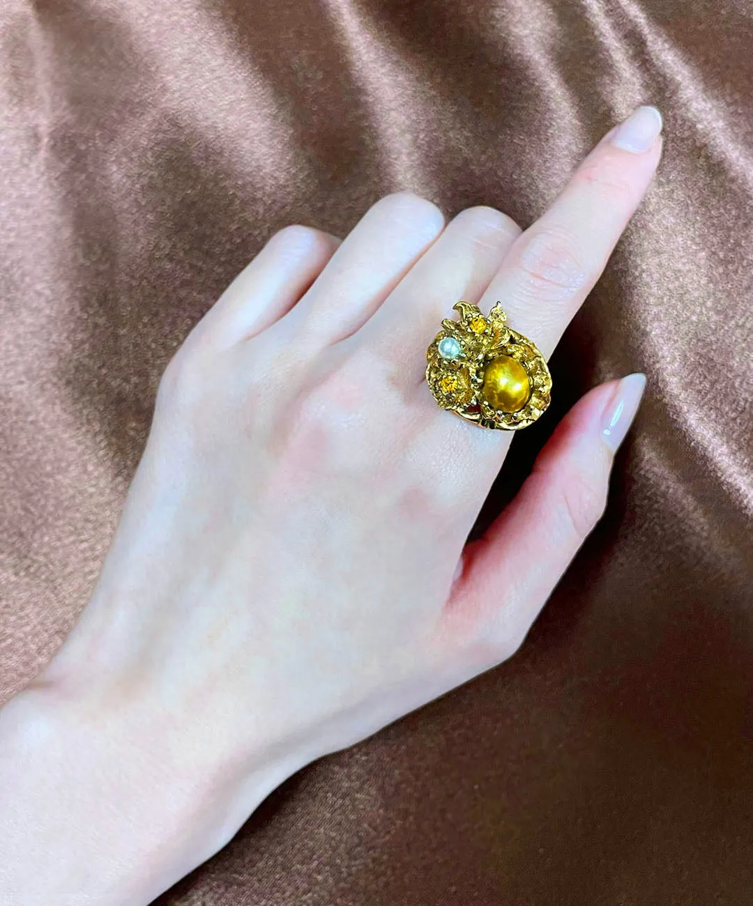 【USA輸入】ヴィンテージ ゴールド パール フラワー リング/Vintage Gold Pearl Flower Ring