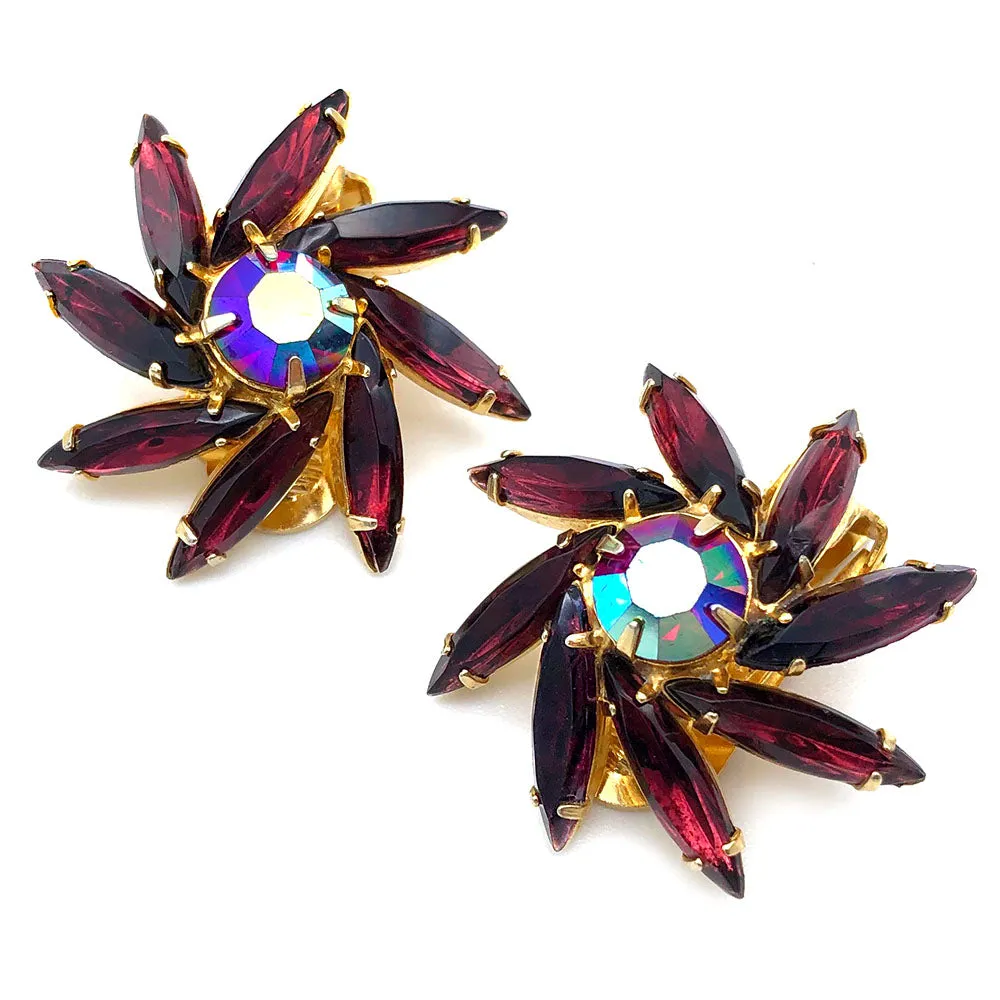 【USA輸入】ヴィンテージ バーガンディ フラワー ラインストーン イヤリング/Vintage Burgundy Flower Rhinestones Clip On Earrings