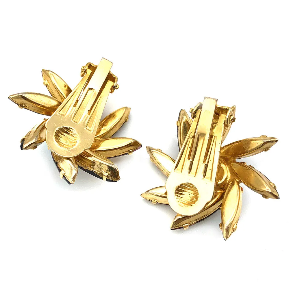 【USA輸入】ヴィンテージ バーガンディ フラワー ラインストーン イヤリング/Vintage Burgundy Flower Rhinestones Clip On Earrings