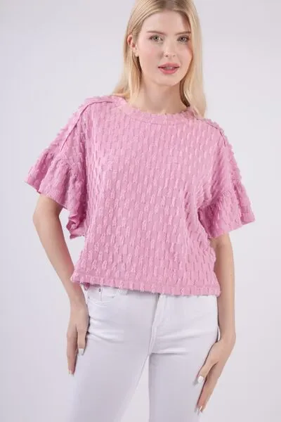 VERY J Full Size Texture Ruffle Short Sleeve Top