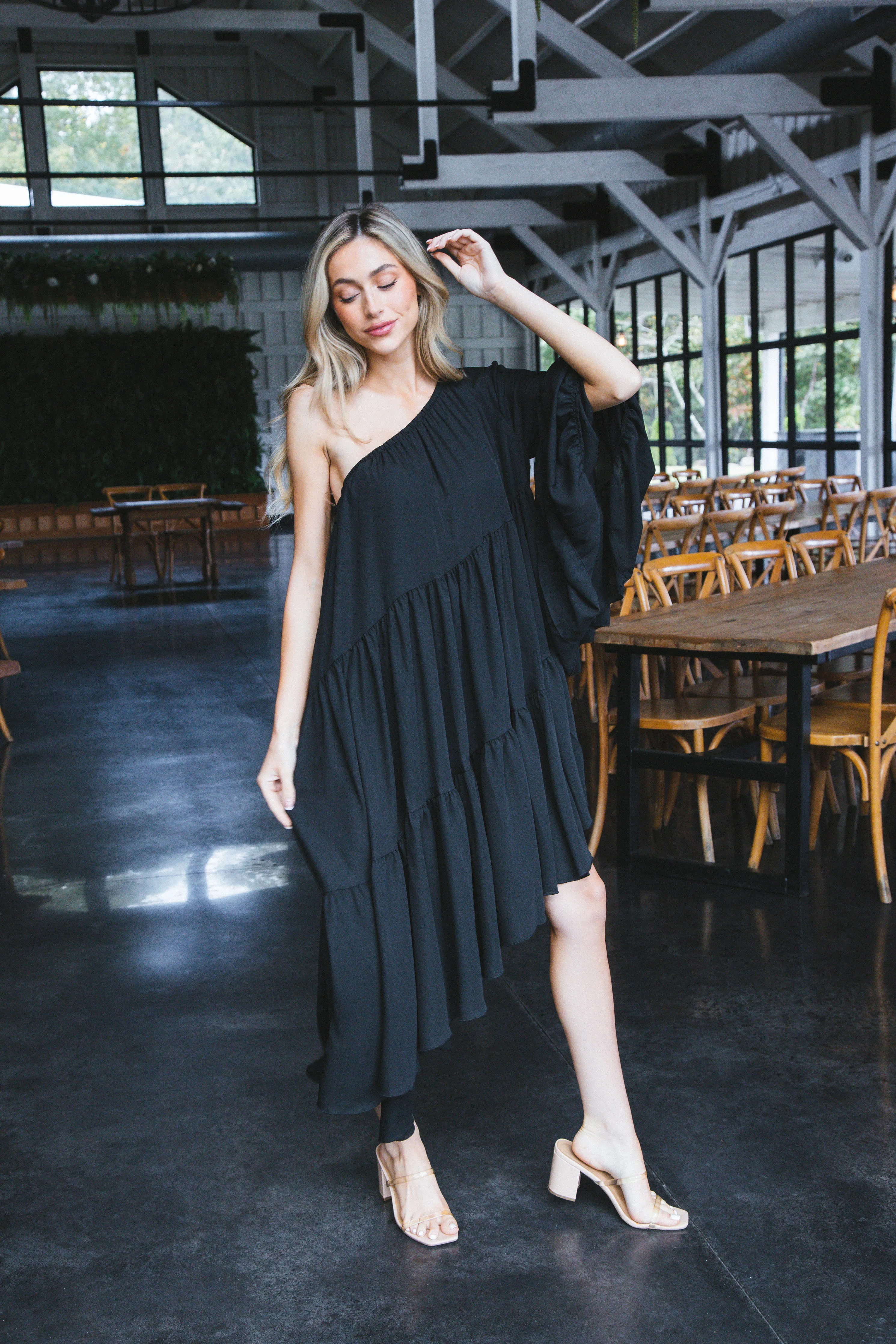 Voluminous One Shoulder Shirred Dress, Black