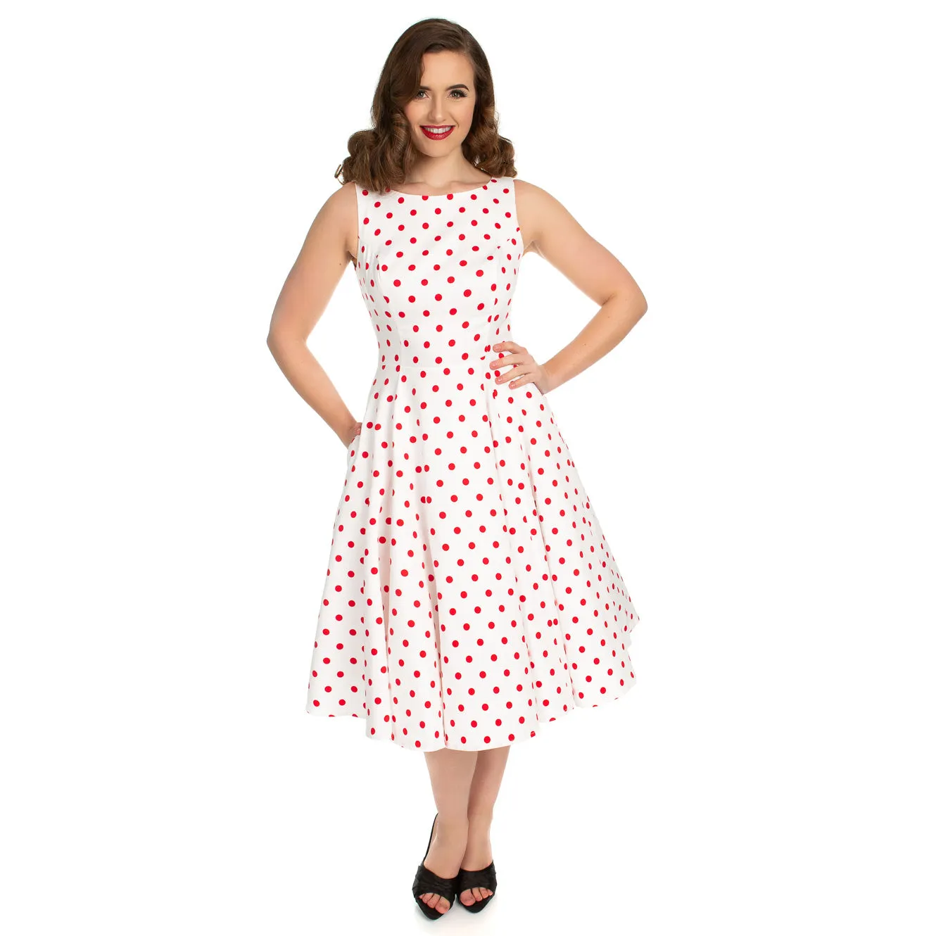 White and Red Polka Dot 50s Audrey Swing Dress