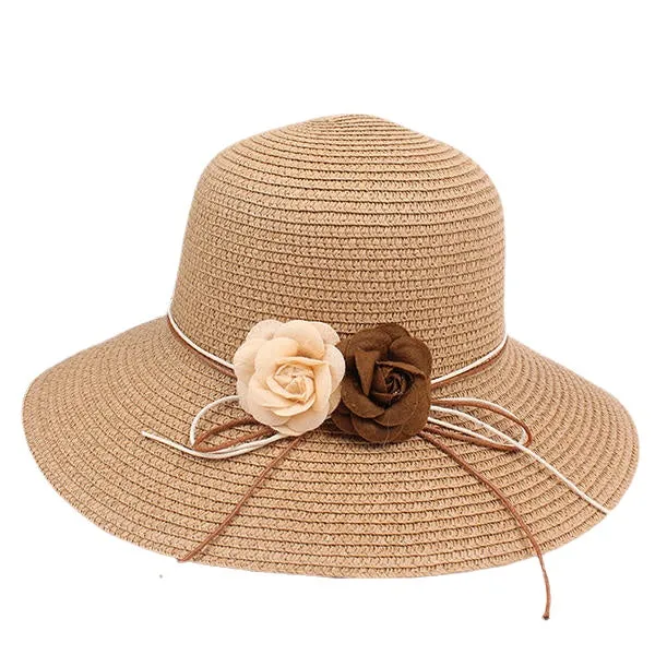 Women Folding Woven Wide Brimmed Bucket Hat Outdoor Bandage Beach Dress Visor With Bowknot