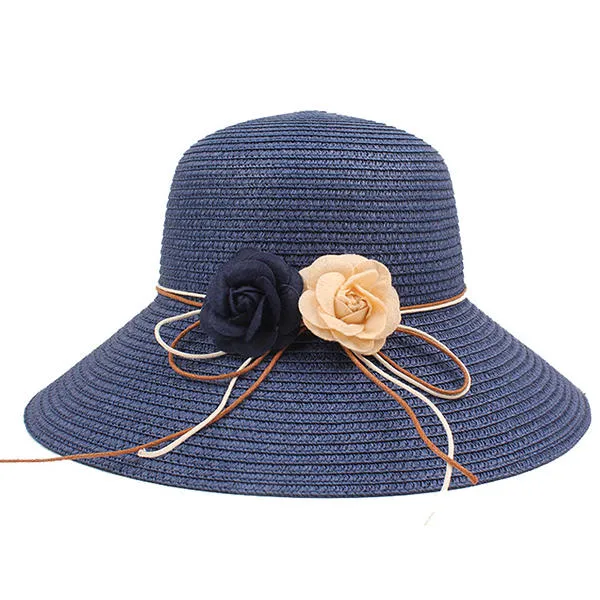 Women Folding Woven Wide Brimmed Bucket Hat Outdoor Bandage Beach Dress Visor With Bowknot