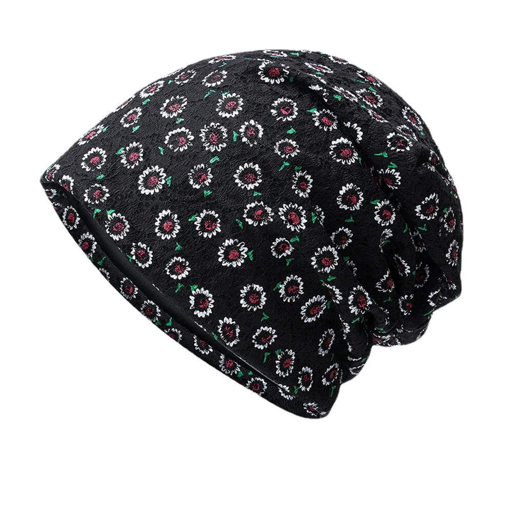 Women Lace Floral Pattern Printed Hollow Breathable Sun Protection Beanie Hat Baotou Hat