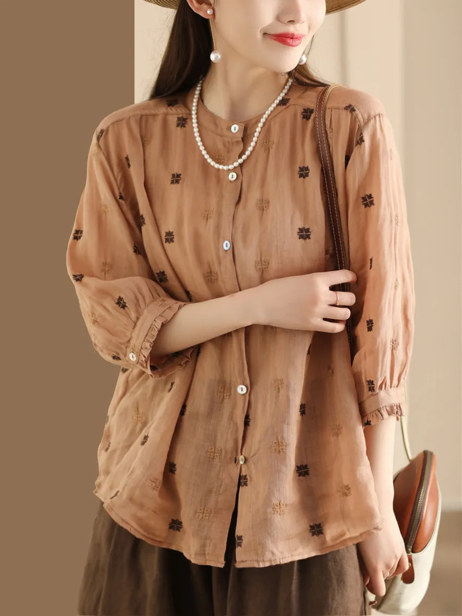 Women Spring Floral Embroidery Linen Button-Up Shirt CO1010