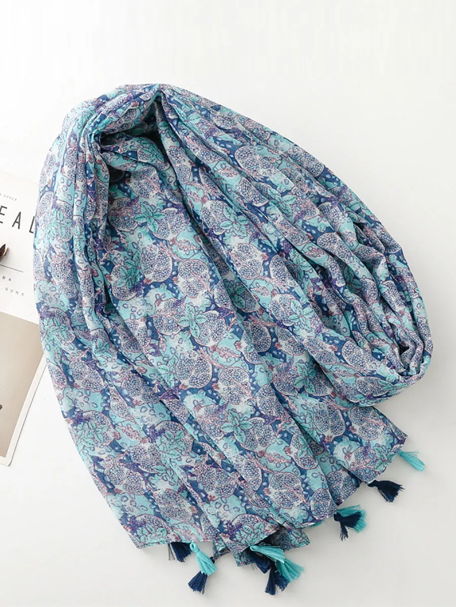 Women Summer Artsy Blue Pomegranate Flower Shawl Scarf SC1014