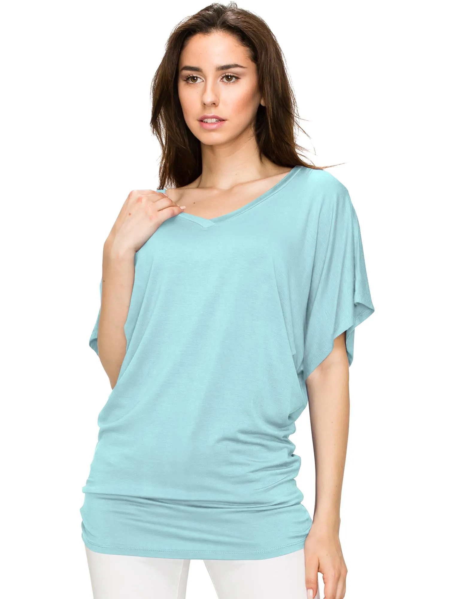 Women's Solid Short Sleeve V Neck Dolman Top