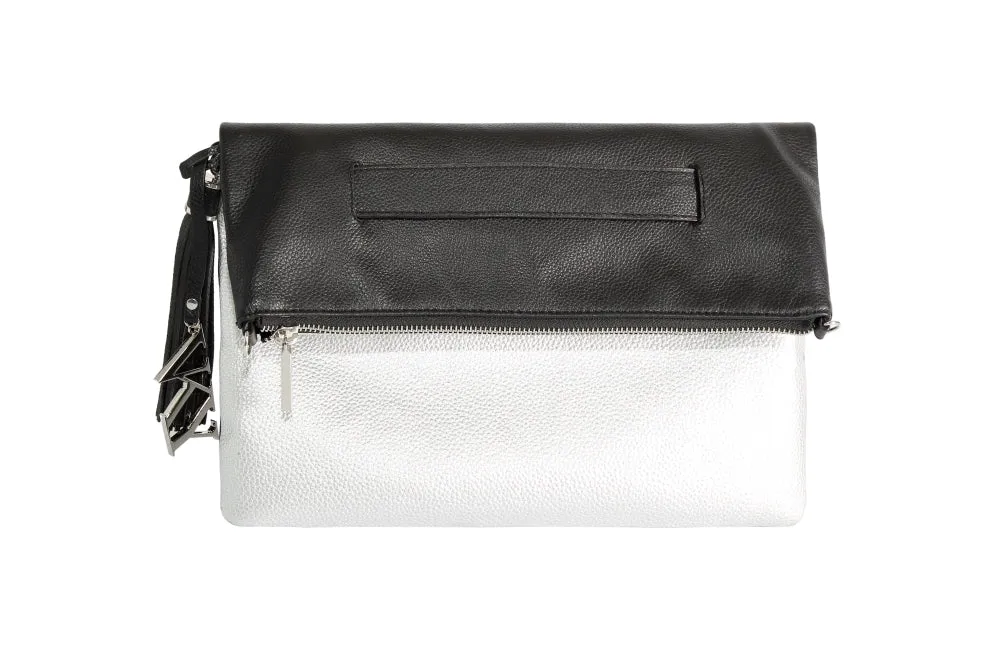 Womens Vky Original Lourve Clutch Classic Leather Bag Handbag- Black/Matt Silver